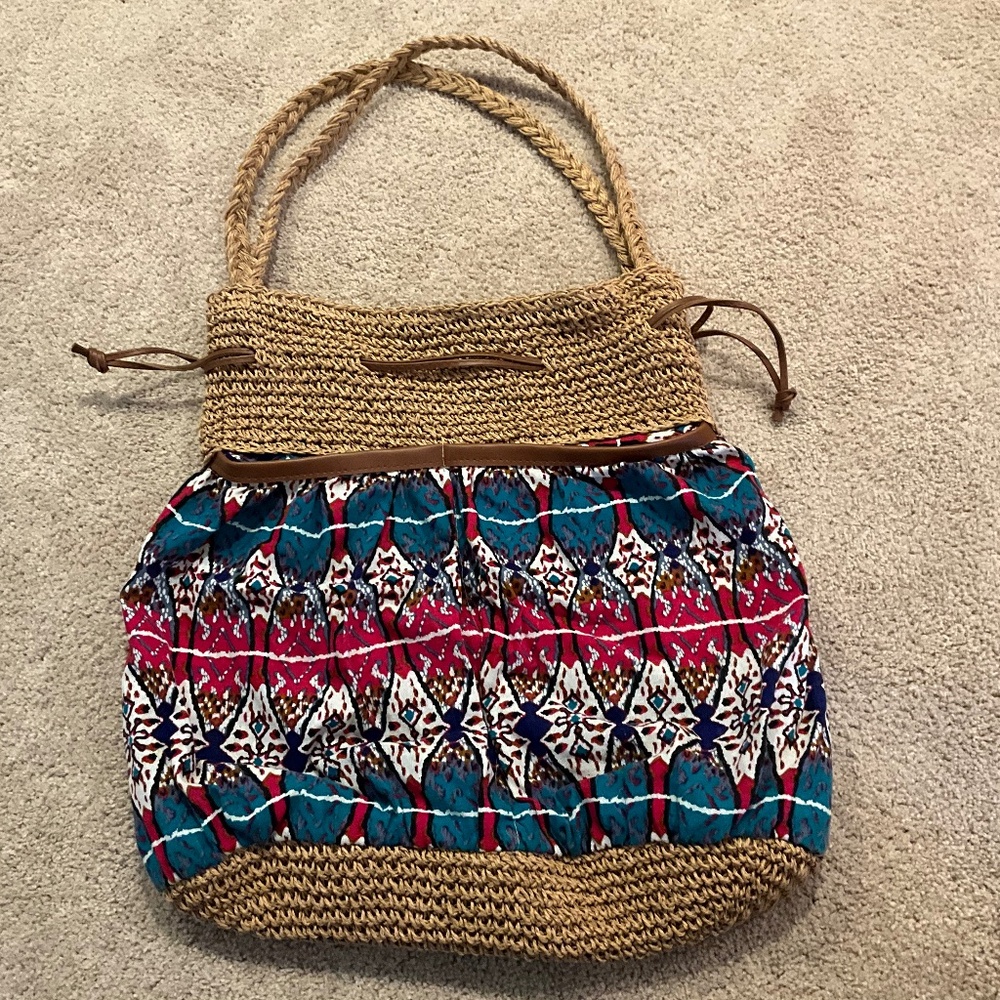 Cappelli Straworld Straw And Fabric Drawstring Boho Handbag